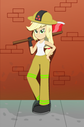 Size: 265x400 | Tagged: safe, artist:amante56, character:applejack, my little pony:equestria girls, axe, female, firefighter, solo