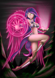 Size: 2480x3508 | Tagged: safe, artist:the1xeno1, character:twilight sparkle, species:human, armpits, book, clothing, female, glowing eyes, gritted teeth, humanized, magic, magic circle, pentagram, skirt, solo, unconvincing armor