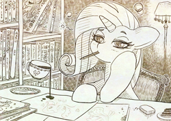 Size: 2002x1417 | Tagged: safe, artist:sigpi, character:rarity, book, bookshelf, chair, daydream, distracted, drawing, female, heart, lamp, monochrome, mouth hold, pencil, solo, tea, tired, working