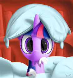 Size: 1000x1062 | Tagged: safe, artist:the1xeno1, character:twilight sparkle, species:pony, episode:look before you sleep, g4, my little pony: friendship is magic, cute, feather, female, looking at you, mouth hold, pillow, pillow fort, pillow hat, scene interpretation, solo, twiabetes, wide eyes