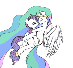 Size: 800x746 | Tagged: safe, artist:jalm, character:princess celestia, character:rarity, ship:rarilestia, blushing, colored, eyes closed, female, flying, hug, imminent kissing, lesbian, shipping, smiling, spread wings, wings