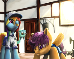 Size: 1280x1024 | Tagged: safe, artist:nemo2d, character:lyra heartstrings, character:rainbow dash, character:scootaloo, species:pegasus, species:pony, species:unicorn, fanfic:broken toy, :t, blowing whistle, clothing, coach, floppy ears, grin, gym, hat, push-ups, rainblow dash, rainbow dashs coaching whistle, scrunchy face, smiling, sweat, training, watching, whistle, whistle necklace
