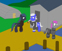 Size: 1185x993 | Tagged: safe, artist:minty candy, oc, oc only, oc:crash dive, oc:night strike, oc:static charge, species:earth pony, species:pegasus, species:pony, fallout equestria, bunker, clothing, disgusted, drinking, enclave armor, fallout equestria: empty quiver, grand pegasus enclave, pier, power armor, powered exoskeleton, ruins, story