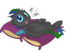 Size: 1024x745 | Tagged: safe, artist:itstaylor-made, oc, oc only, oc:izzy the changeling, species:changeling, g4, belly, blue changeling, cute, cute bug noises, cuteling, double colored changeling, fangs, green changeling, heterochromia, imminent belly rub, looking at you, on back, open mouth, pillow, simple background, smiling, solo, transparent background, underhoof