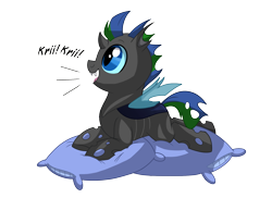 Size: 1980x1440 | Tagged: safe, artist:itstaylor-made, oc, oc only, oc:izzy the changeling, species:changeling, cute, cute bug noises, cuteling, double colored changeling, open mouth, pillow, prone, simple background, smiling, solo, transparent background