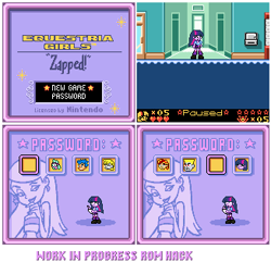 Size: 327x315 | Tagged: safe, artist:ikuntyphoon, character:bulk biceps, character:derpy hooves, character:flash sentry, character:spike, character:sunset shimmer, character:twilight sparkle, my little pony:equestria girls, game boy color, pixel art, rom hack, sabrina spellman, sabrina the teenage witch, snowflake, spike the dog