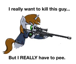 Size: 1028x874 | Tagged: safe, artist:kill joy, oc, oc only, oc:littlepip, species:pony, species:unicorn, fallout equestria, clothing, desperation, fanfic, fanfic art, female, funny, gun, hooves, horn, mare, meme, need to pee, omorashi, optical sight, pipbuck, potty time, rifle, simple background, sniper rifle, solo, text, vault suit, weapon, white background