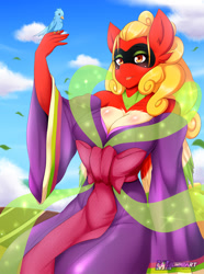 Size: 920x1238 | Tagged: safe, artist:mleonheart, oc, oc only, oc:ho-oh, species:anthro, species:bird, cleavage, clothing, crossover, ear fluff, eyeshadow, female, grin, ho-oh, kimono (clothing), makeup, pokémon, poképony, ponified, shawl, sitting, smiling, solo, wind