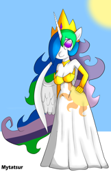 Size: 1268x1953 | Tagged: safe, artist:mytatsur, character:princess celestia, species:alicorn, species:anthro, species:pony, clothing, female, regalia, request, smiling, solo