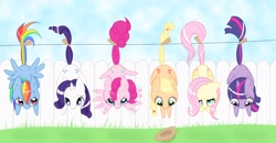 Size: 3088x1600 | Tagged: safe, artist:steffy-beff, character:applejack, character:fluttershy, character:pinkie pie, character:rainbow dash, character:rarity, character:twilight sparkle, character:twilight sparkle (unicorn), species:earth pony, species:pegasus, species:pony, species:unicorn, angry, both cutie marks, clothes line, clothespin, clothing, cowboy hat, cross-popping veins, cute, dashabetes, diapinkes, female, fence, flailing, floppy ears, hanging, hat, hoofy-kicks, jackabetes, laundry, line-up, looking at you, looking down, mane six, mare, raribetes, scared, shyabetes, smiling, spread wings, stetson, twiabetes, waving, wings, worried