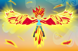 Size: 2499x1637 | Tagged: safe, artist:amante56, character:sunset shimmer, episode:my past is not today, equestria girls:rainbow rocks, g4, my little pony: equestria girls, my little pony:equestria girls, abstract background, female, fiery wings, shimmercorn, solo, sunset phoenix