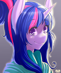 Size: 1000x1200 | Tagged: dead source, safe, artist:m@k, character:twilight sparkle, species:anthro, alternate hairstyle, female, looking at you, solo