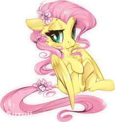 Size: 607x647 | Tagged: safe, artist:suzuii, character:fluttershy, chest fluff, female, flower, flower in hair, fluffy, simple background, solo, transparent background