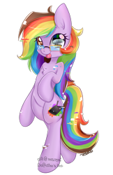Size: 1299x2000 | Tagged: safe, artist:mrsremi, oc, oc only, oc:rainbow screen, species:pony, bipedal, multicolored hair, rainbow hair, solo, tongue out