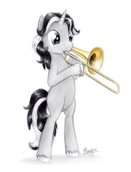 Size: 691x903 | Tagged: safe, artist:magfen, oc, oc only, oc:minor sax, species:pony, bipedal, solo, traditional art, trombone