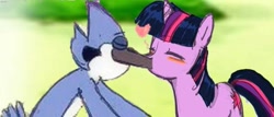 Size: 612x262 | Tagged: safe, artist:kaiamurosesei, character:twilight sparkle, ship:mordetwi, 1000 years in photoshop, crossover, crossover shipping, female, kissing, male, mordecai, now kiss, regular show, straight