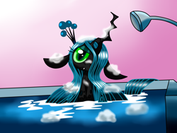 Size: 1600x1200 | Tagged: safe, artist:lovehtf421, character:queen chrysalis, species:changeling, angry, bath, bathtub, changeling queen, crown, cute, cutealis, female, filly, filly queen chrysalis, frown, jewelry, looking at you, madorable, nymph, regalia, shower, solo, water, wet, younger