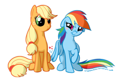 Size: 810x540 | Tagged: safe, artist:arofatamahn, character:applejack, character:rainbow dash, ship:appledash, :t, blushing, butt touch, commission, confused, feathermarking, female, floppy ears, frown, heart, lesbian, never doubt tchernobog's involvement, raised hoof, scrunchy face, shipping, simple background, sitting, smiling, transparent background
