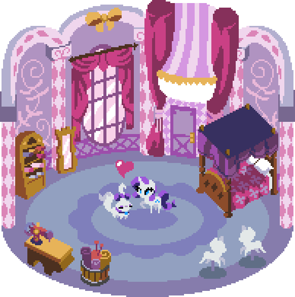 Size: 582x585 | Tagged: safe, artist:pix3m, character:opalescence, character:rarity, 8-bit, bed, bedroom, bucket, carousel boutique, curtains, door, drapes, heart, interior, mannequin, mirror, pixel art, shelf, table, window