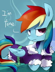 Size: 800x1039 | Tagged: safe, artist:rocy canvas, character:rainbow dash, episode:tanks for the memories, g4, my little pony: friendship is magic, bathrobe, clothing, cute, dashabetes, female, irritated, madorable, pixiv, prone, rainbow dash is not amused, robe, solo, unamused