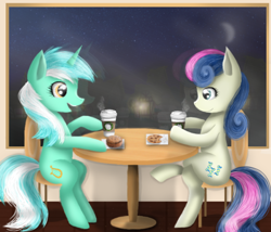 Size: 600x514 | Tagged: safe, artist:chanceyb, character:bon bon, character:lyra heartstrings, character:sweetie drops, coffee, cookie, crossed legs, moon, night, open mouth, ponies sitting like humans, reflection, sitting, skyline, smiling, talking, window