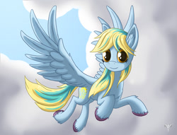Size: 1500x1143 | Tagged: safe, artist:starbat, oc, oc only, oc:utha, cloud, cloudy, flying, solo