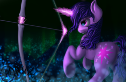 Size: 1600x1035 | Tagged: safe, artist:xormak, character:twilight sparkle, alternate hairstyle, arrow, badass, battle stance, bow (weapon), bow and arrow, cutie mark, dock, eyes on the prize, female, forest, glow, glowing horn, magic, prancing, solo, underhoof
