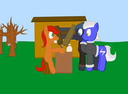 Size: 1052x780 | Tagged: safe, artist:minty candy, oc, oc only, oc:night strike, oc:static charge, species:earth pony, species:pegasus, species:pony, fallout equestria, clothing, fallout equestria: empty quiver, jacket, shack, stall, tree