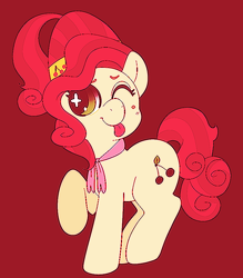 Size: 746x853 | Tagged: safe, artist:ponycide, character:cherry jubilee, blep, cute, eye sparkles, female, raspberry, red background, silly, simple background, solo, tongue out, wingding eyes, wink