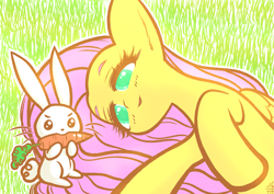 Size: 1835x1299 | Tagged: safe, artist:sigpi, character:angel bunny, character:fluttershy, species:pegasus, species:pony, carrot, colored pupils, female, food, grass, lying down, mare, on side