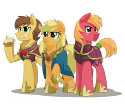 Size: 1626x1413 | Tagged: safe, artist:itstaylor-made, character:applejack, character:big mcintosh, character:caramel, species:earth pony, species:pony, comic:twilight's reign, alternate hairstyle, armor, cape, caramel is awesome, clothing, eating, element of honesty, female, guard, male, mare, raised eyebrow, raised hoof, short hair, simple background, stallion, transparent background, trio