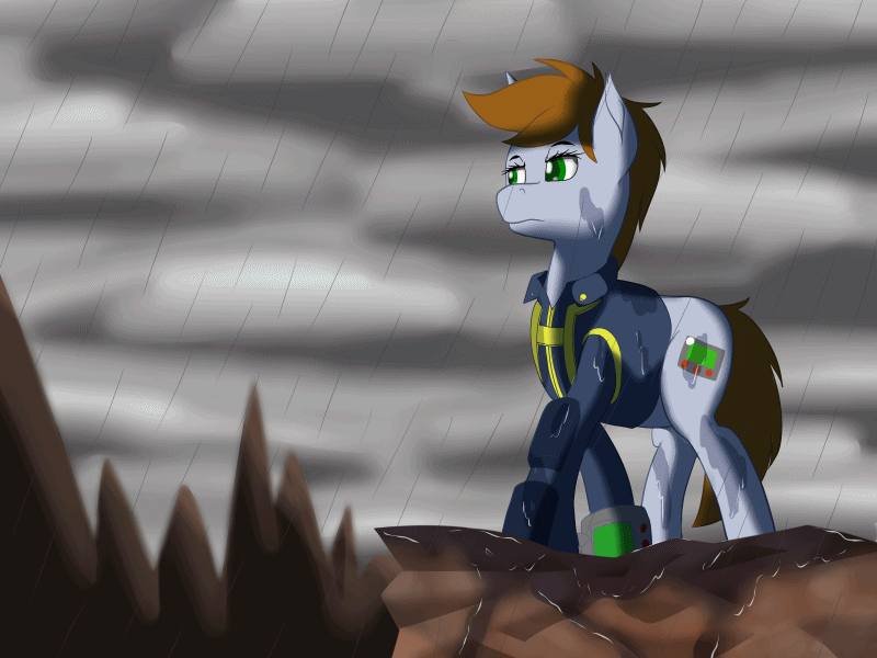 Size: 800x600 | Tagged: safe, artist:ookamithewolf1, oc, oc only, oc:littlepip, species:pony, species:unicorn, fallout equestria, animated, cliff, cloud, cloudy, cutie mark, fanfic, fanfic art, female, gif, hooves, horn, mare, pipbuck, rain, solo, vault suit, wind