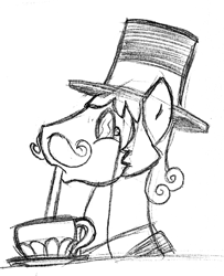 Size: 569x700 | Tagged: safe, artist:elosande, oc, oc only, oc:gentle coltte of leisure, species:earth pony, species:pony, clothing, drinking, hat, male, monochrome, monocle, stallion, top hat