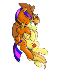 Size: 2074x2244 | Tagged: safe, artist:timsplosion, character:braeburn, oc, oc:scribbsie, species:earth pony, species:pegasus, species:pony, accessory swap, beard, canon x oc, clothing, collar, everypony's gay for braeburn, facial hair, gay, goatee, goggles, hat, male, shipping, simple background, snuggling, transparent background, unshorn fetlocks, vest