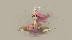 Size: 1920x1080 | Tagged: safe, artist:huussii, character:angel bunny, character:fluttershy, species:pegasus, species:pony, species:rabbit, angelbetes, animal, beautiful, cute, featured on derpibooru, female, flower, flower in hair, full face view, looking at someone, looking up, male, mare, open mouth, shyabetes, simple background, sitting, sitting on head, that pony sure does love animals, wallpaper, wind, wind blowing, wind blown hair, windswept mane