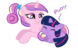 Size: 545x346 | Tagged: safe, artist:kuromi, character:princess cadance, character:twilight sparkle, species:alicorn, species:pony, species:unicorn, behaving like a cat, cuddling, cute, eyes closed, female, filly, filly twilight sparkle, mare, prone, purring, simple background, smiling, snuggling, teen princess cadance, transparent background, twilight cat, younger