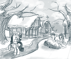 Size: 2200x1852 | Tagged: safe, artist:derkrazykraut, character:pinkie pie, character:rainbow dash, character:rarity, angry, clothing, laughing, monochrome, snow