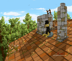 Size: 1331x1131 | Tagged: safe, artist:eriada, oc, oc only, chimney sweep, clothing, hat, rooftop, scenery, solo