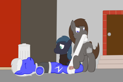 Size: 1052x698 | Tagged: safe, artist:minty candy, oc, oc only, oc:night strike, oc:pressure cooker, oc:static charge, species:earth pony, species:pegasus, species:pony, fallout equestria, bandage, blood, building, clothing, fallout equestria: empty quiver, story