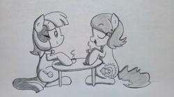 Size: 1280x719 | Tagged: safe, artist:quarium, oc, oc only, oc:alos, oc:dainty drawn, species:earth pony, species:pony, cup, duo, eyes closed, female, jewelry, mare, monochrome, necklace, sitting, table, tea, teacup, traditional art
