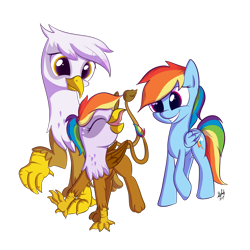 Size: 2000x2000 | Tagged: safe, artist:squiby-327, character:gilda, character:rainbow dash, oc, oc:rainbow feather, parent:gilda, parent:rainbow dash, parents:gildash, species:griffon, ship:gildash, family, female, high res, interspecies offspring, lesbian, magical lesbian spawn, mother and daughter, offspring, shipping