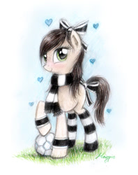 Size: 644x812 | Tagged: safe, artist:magfen, oc, oc only, oc:kicia, bow, clothing, football, hair bow, scarf, socks, solo, striped socks, tail bow, traditional art