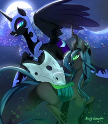Size: 2000x2300 | Tagged: safe, artist:rocy canvas, character:nightmare moon, character:princess luna, character:queen chrysalis, species:alicorn, species:changeling, species:pony, ship:chrysmoon, bedroom eyes, bugbutt, butt, changeling queen, female, flying, glowing eyes, grin, lesbian, moon, night, open mouth, plot, raised hoof, raised leg, shipping, smiling, spread wings, wings
