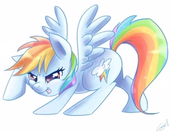Size: 2700x2100 | Tagged: safe, artist:steffy-beff, character:rainbow dash, species:pegasus, species:pony, female, high res, sneaking, solo, tongue out