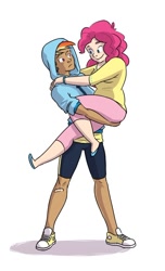 Size: 500x821 | Tagged: safe, artist:naroclie, character:pinkie pie, character:rainbow dash, ship:pinkiedash, carrying, chubby, clothing, converse, female, hoodie, humanized, lesbian, shipping, shoes
