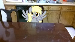 Size: 2592x1456 | Tagged: safe, artist:godoffury, artist:tokkazutara1164, character:derpy hooves, species:pegasus, species:pony, chair, female, irl, kitchen, looking at you, mare, microwave, photo, ponies in real life, reflection, sink, solo, table, vector