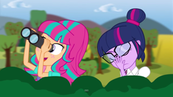 Size: 1366x768 | Tagged: safe, artist:amante56, character:sour sweet, character:twilight sparkle, character:twilight sparkle (scitwi), species:eqg human, equestria girls:friendship games, g4, my little pony: equestria girls, my little pony:equestria girls, binoculars, fan animation, wondercolt archers (animation)