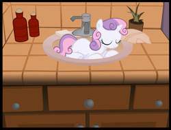 Size: 1041x788 | Tagged: safe, artist:jittery-the-dragon, character:sweetie belle, behaving like a cat, cute, female, pointless pony tips, sink, sleeping, solo