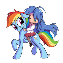 Size: 1280x1280 | Tagged: safe, artist:squiby-327, character:rainbow dash, species:human, species:pony, clothing, crossover, hug, humans riding ponies, izumi konata, lucky star, riding, school uniform, simple background, wink