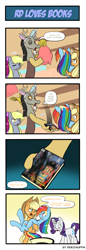 Size: 660x1914 | Tagged: safe, artist:reikomuffin, character:applejack, character:derpy hooves, character:discord, character:rainbow dash, character:rarity, species:pony, ship:appledash, bipedal, blushing, book, bridal carry, comic, dialogue, discord the shipper, female, grin, holding a pony, lesbian, open mouth, shipping, smiling, speech bubble, standing, talking, wink